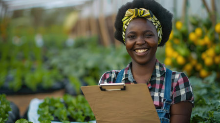 Portrait happy sme owner African woman work with clipboard gardening vegetable farm, nursery worker planting in organic farm, startup small business sme owner, black farmer, fresh vegan food conceptの素材