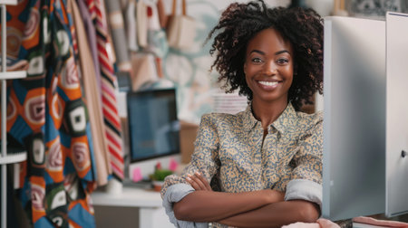 Portrait beautiful smile african american black sme designer woman work computer tailer fabric fashion small business workshop. Owner entrepreneur creative girl textile garment business sme conceptの素材