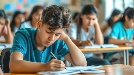 School exam, student taking educational admission test in class, thinking hard, writing answer in university classroom, education and world literacy day conceptの素材