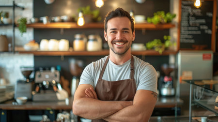 Startup successful sme small business owner caucasian man stand in his coffee shop or restaurant. Portrait of young smile caucasian man successful barista cafe owner conceptの素材