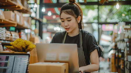 Startup SME small business entrepreneur of freelance Asian woman wearing apron using laptop and box to receive and review orders online to prepare to pack sell to customers, online sme business ideas.の素材
