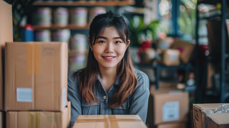 Startup small business entrepreneur SME freelance asian woman working with box, Asian woman small business owner, online e-commerce marketing box delivery, SME telemarket overtime stress conceptの素材