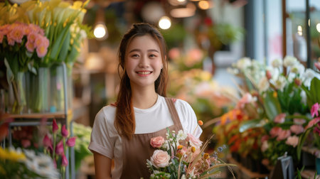 Startup successful sme small business entrepreneur owner asian woman standing with flowers at florist shop. Portrait of caucasian girl successful owner environment friendly concept with copy spaceの素材