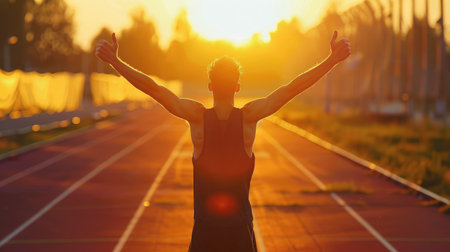 Successful man raising arms after cross track running on summer sunset. Fitness male athlete with arms up celebrating success and goals after sport exercising and working out.の素材