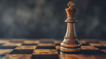The King in battle chess game stand on chessboard with black isolated background. Business leader concept for market target strategy. Intelligence challenge and business competition success play.の素材