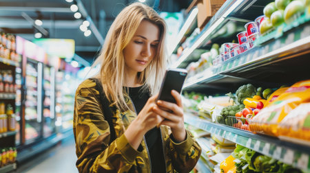 Woman using mobile phone while shopping in supermarketの素材