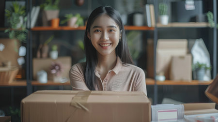 Young attractive asian woman owner startup business look at camera work happy with box at home prepare parcel delivery in sme supply chain, procurement, omnichannel or coronavirus quarantine concept.の素材