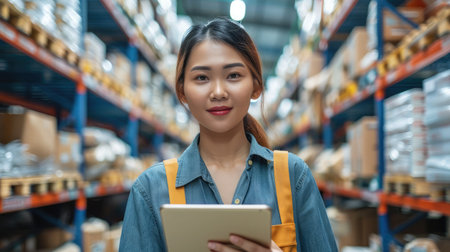 Young attractive asian worker, owner, entrepreneur woman holding smart tablet looking at camera with concept efulfillment service business warehouse management stock online. Asian sme merchandiseの素材