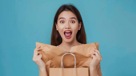 Young asian women happy after new order from customer. Surprise and shock face of asian woman success on making big sale of his online store. Online Selling. Online Shoppingの素材