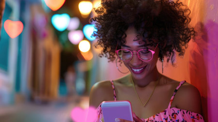 Augmented Reality Dating Concept: Awesome Black Girl Uses Smartphone for Browsing Social Media Dating App. Lovely Young Brazilian Woman Searching for True Love with the Help of AI-Powered Softwareの素材
