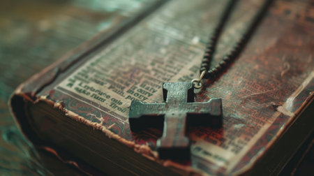 Closeup of simple wooden Christian cross necklace on Bible , vintage tone , godの素材