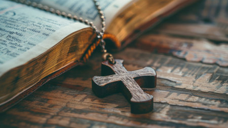 Closeup of simple wooden Christian cross necklace on Bible , vintage tone , godの素材