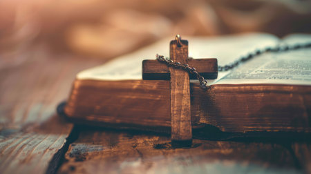 Closeup of simple wooden Christian cross necklace on Bible , vintage tone , godの素材