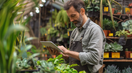 Male plant shop owner with digital tablet checking inventoryの素材