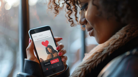 Dating app or site in mobile phone screen. Woman swiping and liking profiles on relationship site or application. Single woman using smartphone to find love, partner and boyfriend. Mockup website.の素材