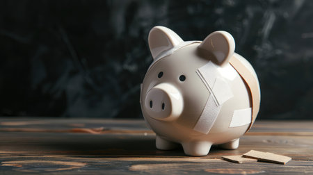 Financial problem, Bankrupt or fail in business concept. White piggy bank with plastic adhesive bandages on wooden desk with dark copy space wall background. Fail, Bankrupt or unsuccessful ideaの素材