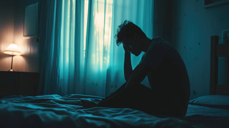Lonely man silhouette sitting on the bed feeling depressed and stressed in the dark bedroom, Depression and anxiety disorder conceptの素材