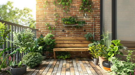 Morden residential balcony garden with bricks wall, wooden bench and plants.の素材