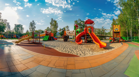 Large playground in city park, empty modern kids playground in summer. Panorama of urban area for children's games and sport. Scenic panoramic view of playing place in town. Scenery of gym outdoor.の素材