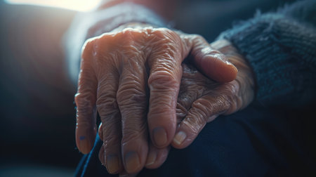 Parkinson disease patient, Alzheimer elderly senior, Arthritis person's hand in support of nursing family caregiver care for disability awareness day, National care givers month, ageing societyの素材