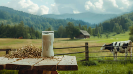 Milk with hay on wooden table and cow grazing in meadowの素材