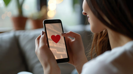 Looking for love online: Single woman hits red heart icon on smartphone display and gives like to happy handsome young man on mobile dating app or marriage Internet website. Closeup view overの素材