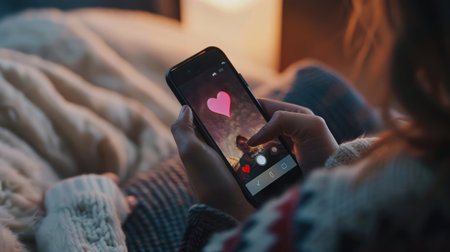 Person Uses Smartphone for Browsing Social Media Dating Application. Person Swiping, Searching, Screen Shows Matching with Partner, Finding True Loveの素材