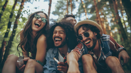 Group of friends bonding and having fun outdoorsの素材