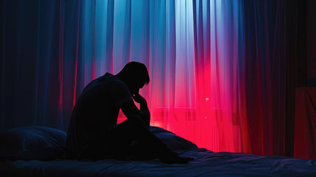 Lonely man silhouette sitting on the bed feeling depressed and stressed in the dark bedroom, Depression and anxiety disorder conceptの素材