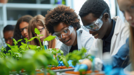 Multiethnic students analyzing plant experiment in school lab. Group of high school students in science laboratory understanding the study of roots.の素材