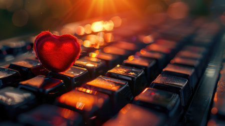 Red heart on the computer keyboard with sunlight and shadow. Internet dating, copyspace, Valentines day concept.の素材
