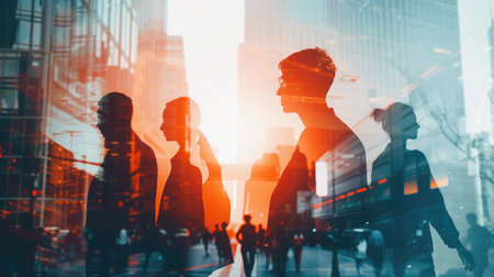Silhouettes of business people working at corporate office in downtown. Work hard and business development concept. Double exposureの素材