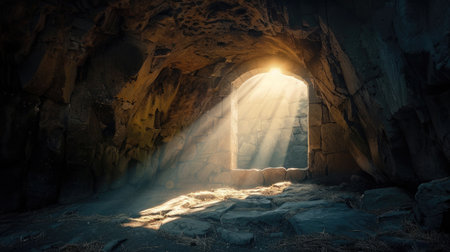 Resurrection of Jesus Christ. Religious Easter background, with strong light rays shining through the entrance into the empty stone tomb. Artistic strong vignette, contrast, dramatic dark-light editの素材