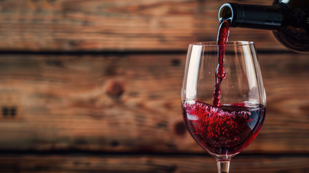 Pouring red wine into the glass against wooden background --ar 16:9 Job ID: 50b75989-925c-4434-b819-a8c71a7a70c7の素材