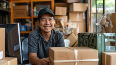 SME entrepreneur Small business entrepreneurs Online selling ideas,Happy Young Asian business owner work on computer and a boxs at home,delivery SME procurement package box deliver to customers,の素材