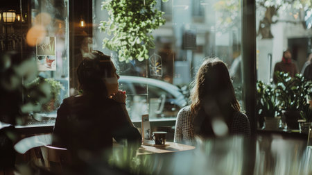 Stalker ex girlfriend spying on a couple in a coffee shop --ar 16:9 Job ID: bd5effee-ce31-47e1-b65b-e6390d3c9a1bの素材