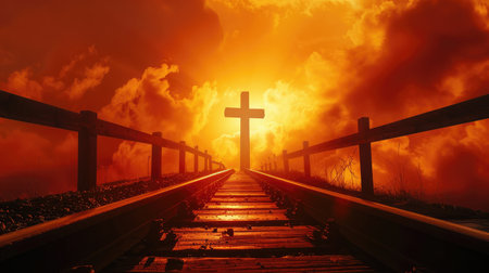 silhouette christian cross at railhead wooden bridge and orange sky with lighting,religion conceptの素材