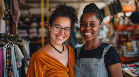 Two happy businesswomen smiling while working in a thrift store. Female entrepreneurs running an e-commerce small --ar 16:9 Job ID: 2ab92e01-4124-4f3b-96b5-89e6911f1b2fの素材