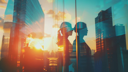 Silhouettes of business people working at corporate office in downtown. Work hard and business development concept. Double exposure --ar 16:9 Job ID: b54ccb44-0b51-4658-bd00-c49929473b14の素材