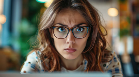 Young beautiful woman portrait looks painful eye lens search on Internet information employer does not find pop-up error 404 in browser issuing popular system queries unique selection optimization.の素材