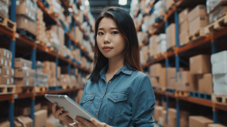 Young attractive asian worker, owner, entrepreneur woman holding smart tablet looking at camera with concept efulfillment service business warehouse management stock online. Asian sme merchandise.の素材
