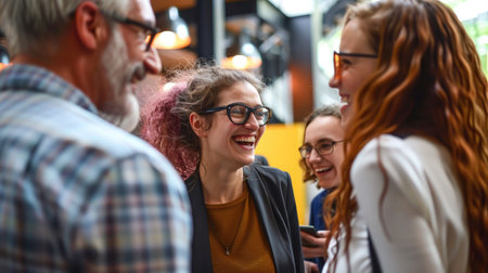 Smiling business people talking collaborating on projectの素材