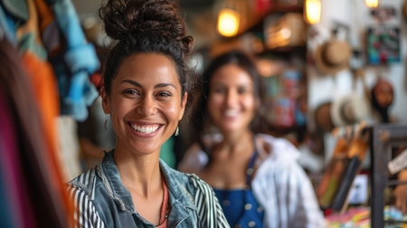Two happy businesswomen smiling while working in a thrift store. Female entrepreneurs running an e-commerce small --ar 16:9 Job ID: 7ec293a0-d78a-4e4e-aeb4-edb1e999724dの素材