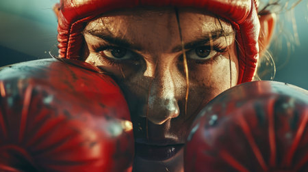 Unidentified face of woman boxer wrapping her hand in boxing arena sport. Texture effect may visible. Selective focusの素材