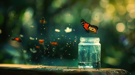 butterfly flies away fast from the glass jar in which she was trappedの素材