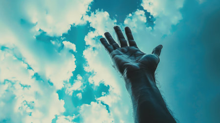 Hand of a man reaching to towards sky. Color toned image.の素材