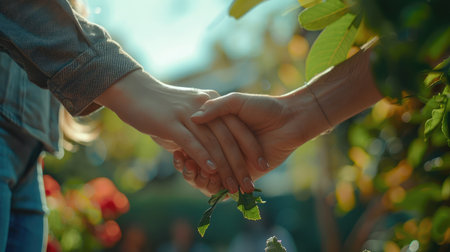 Close up of young couple hold hands talking sharing secrets showing love and care, husband and wife have tender close moment together, demonstrate support and understandingの素材