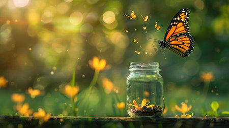 butterfly flies away fast from the glass jar in which she was trappedの素材