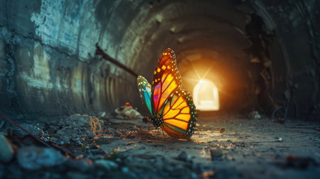 colorful butterfly finds its way out of a dark tunnel, concept of freedomの素材