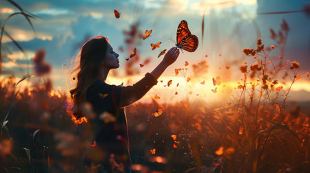 The girl frees the butterfly from moment Concept of freedomの素材